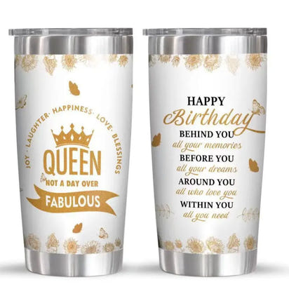 Two white and silver tumblers with gold lettering.