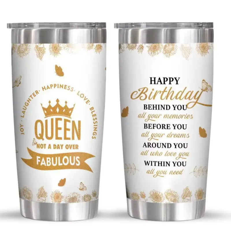Two white and silver tumblers with gold lettering.