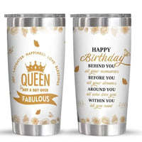 Two white and silver tumblers with gold lettering.