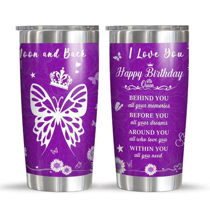 Two purple stainless steel tumblers.