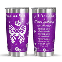 Two purple stainless steel tumblers.