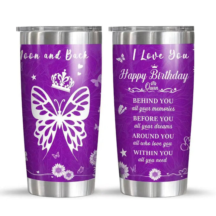 Two purple stainless steel tumblers.