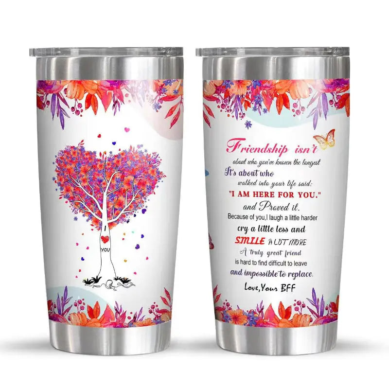 Two stainless steel tumblers with floral and heart-themed designs.