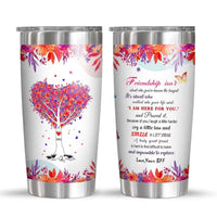 Two stainless steel tumblers with floral and heart-themed designs.