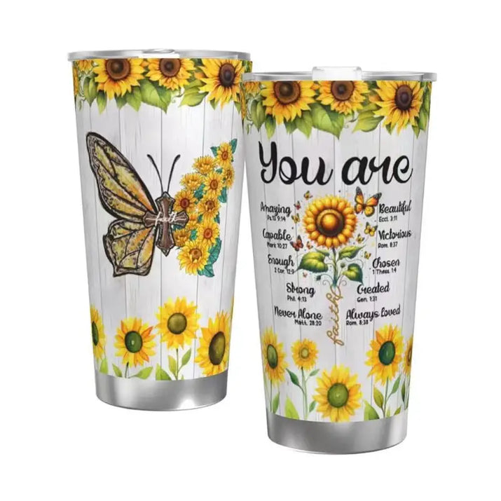 Sunflower-themed insulated tumblers.