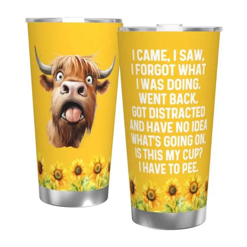 Two yellow tumblers with humorous designs.