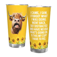 Two yellow tumblers with humorous designs.