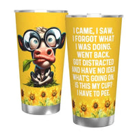 Two yellow tumblers with humorous designs.