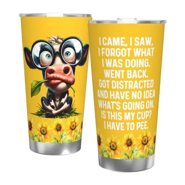 Two yellow tumblers with humorous designs.