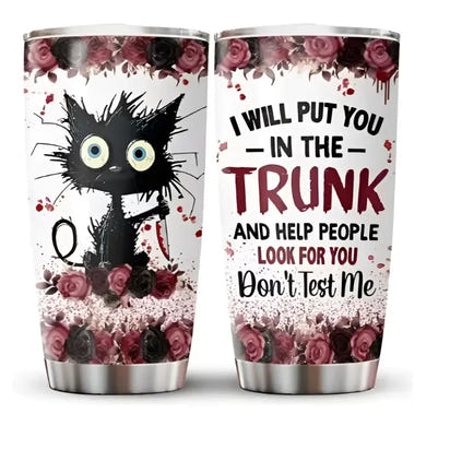 Two stainless steel tumblers with humorous cat and trunk design.