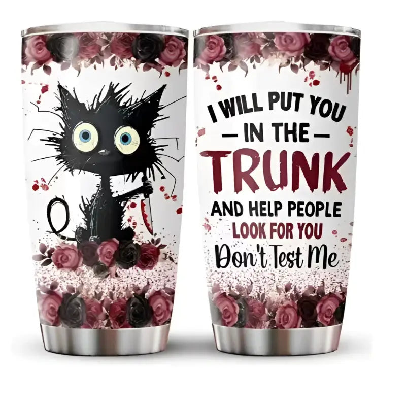 Two stainless steel tumblers with humorous cat and trunk design.