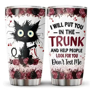 Two stainless steel tumblers with humorous cat and trunk design.