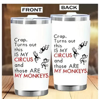 Two white tumblers with monkey-themed text.