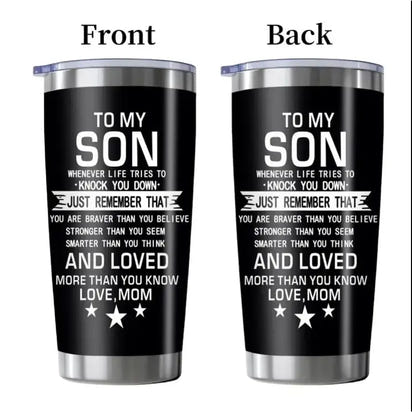 Two black tumblers with sentimental message.