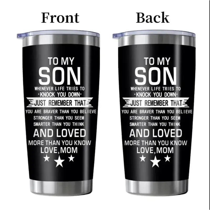 Two black tumblers with sentimental message.