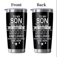 Two black tumblers with sentimental message.