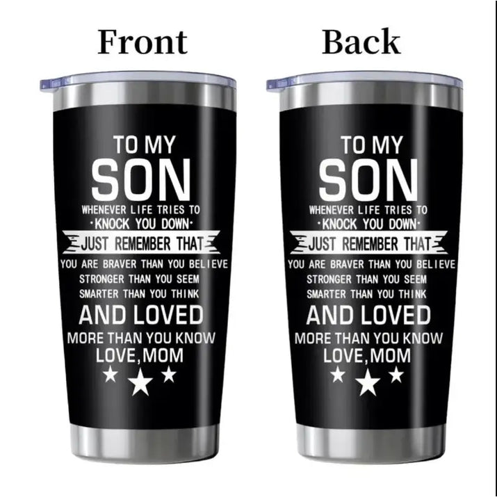 Two black tumblers with sentimental message.