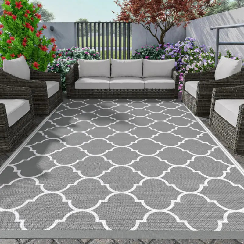 Gray and white patterned outdoor rug for garden patio decoration floor mat enhancement