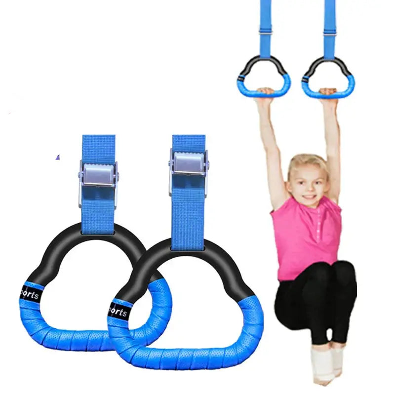 Gymnastic rings with blue straps.