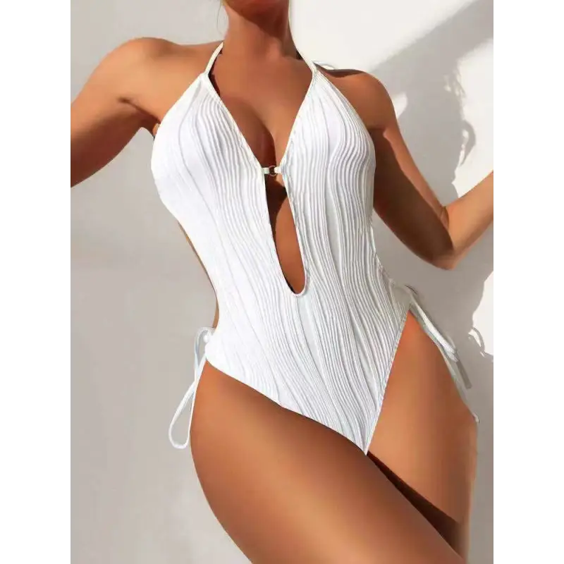 White textured halter swimsuit.