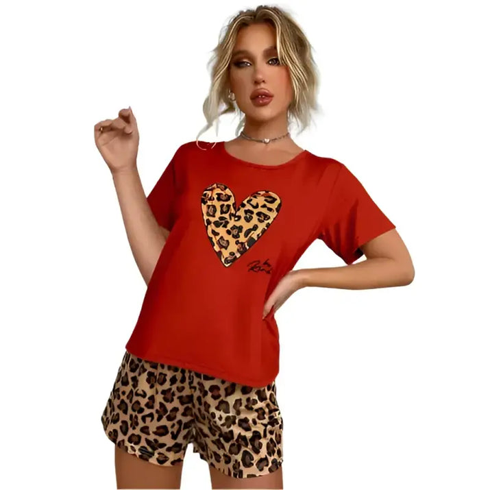Red pajama set with leopard print heart.