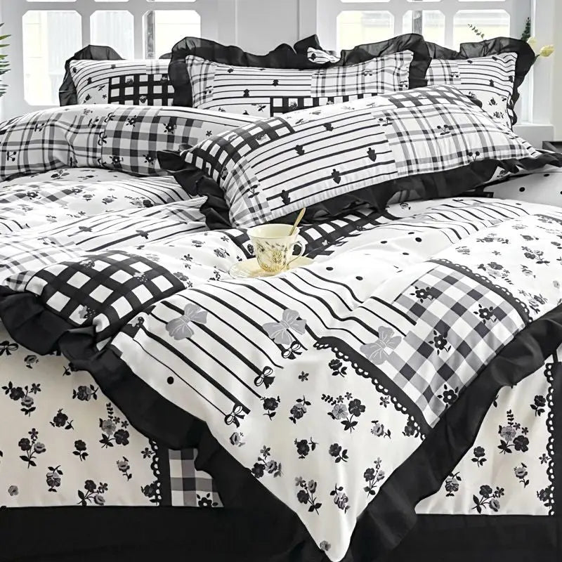 Black and white patterned bedding.