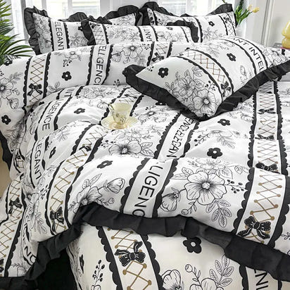 Black and white floral bedding set.