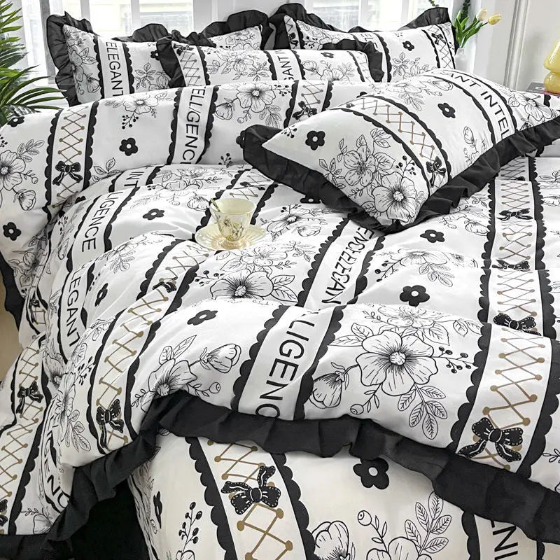 Black and white floral bedding set.