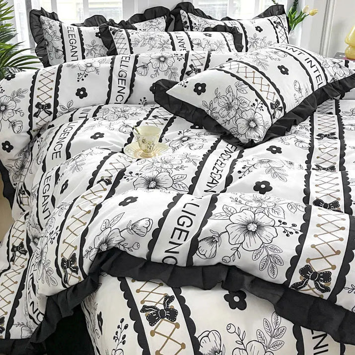 Black and white floral bedding set.