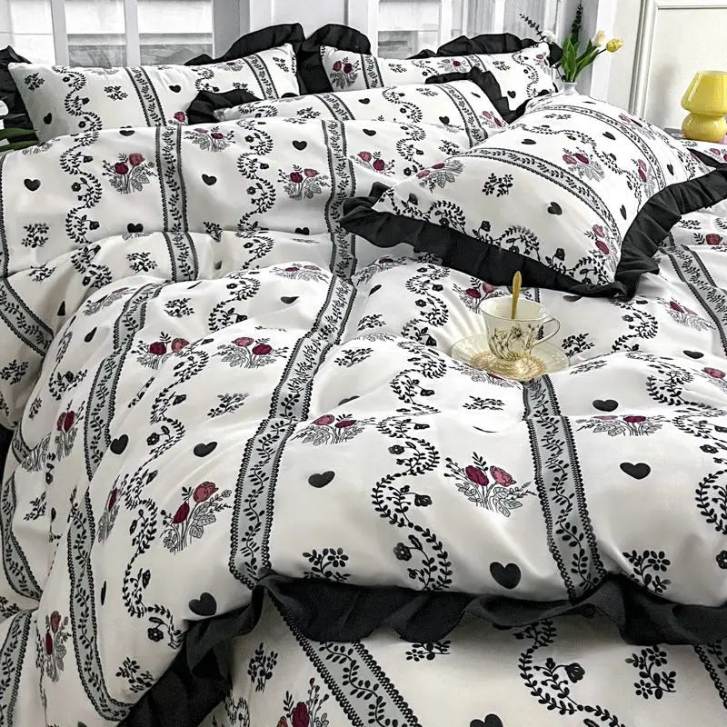 Floral and heart patterned bedding.