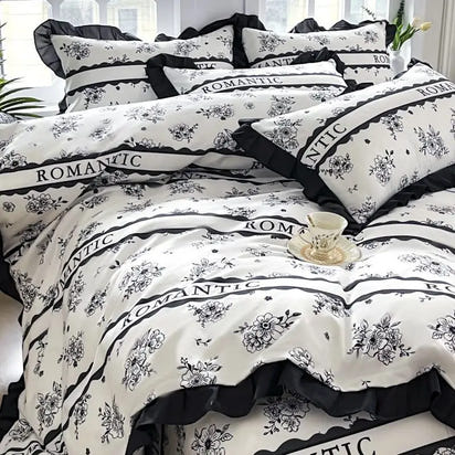 Black and white floral bedding set.