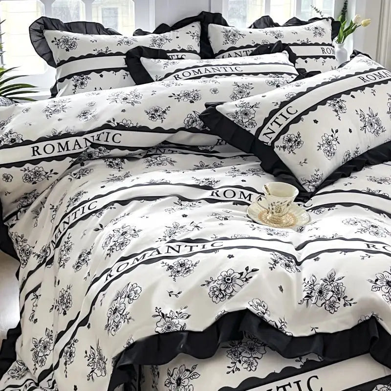 Black and white floral bedding set.