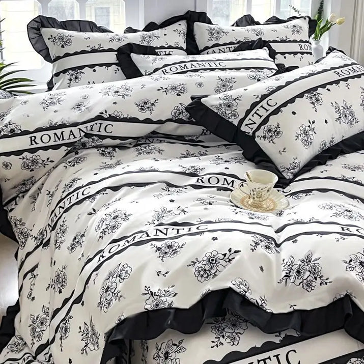 Black and white floral bedding set.
