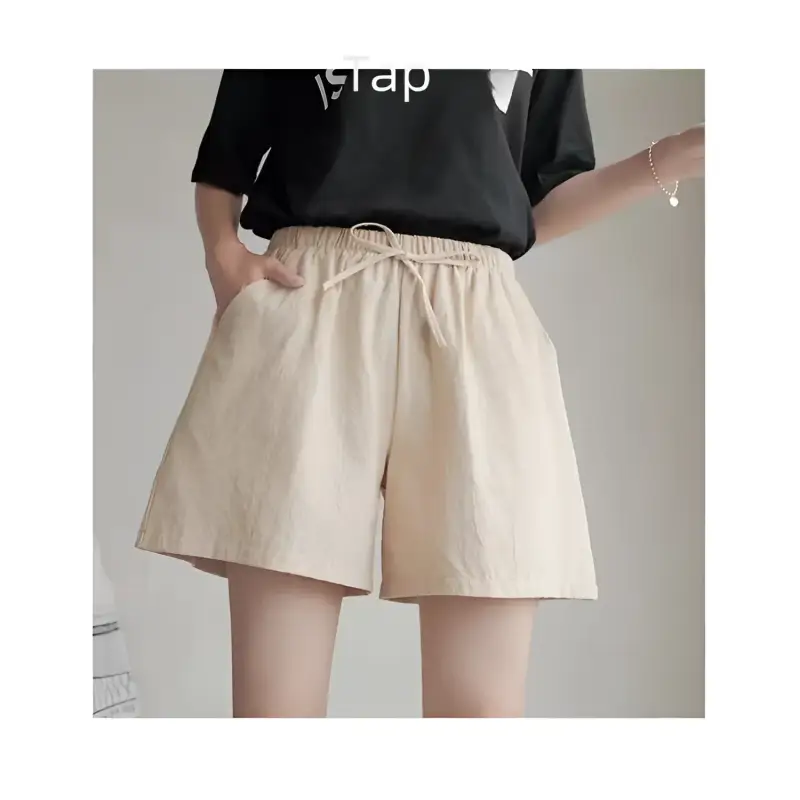Beige drawstring shorts.