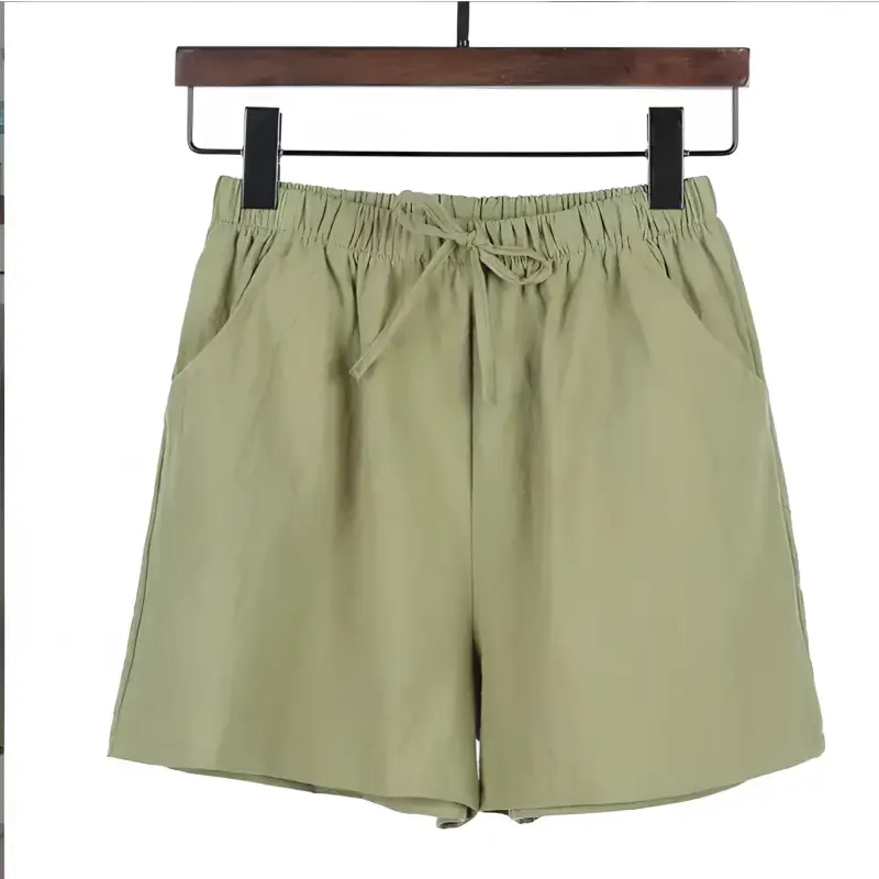 Olive green drawstring shorts.