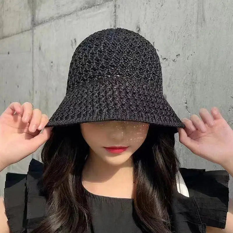 Black woven sun hat.