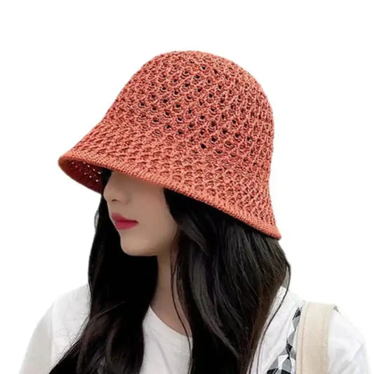 Open-weave terracotta bucket hat.