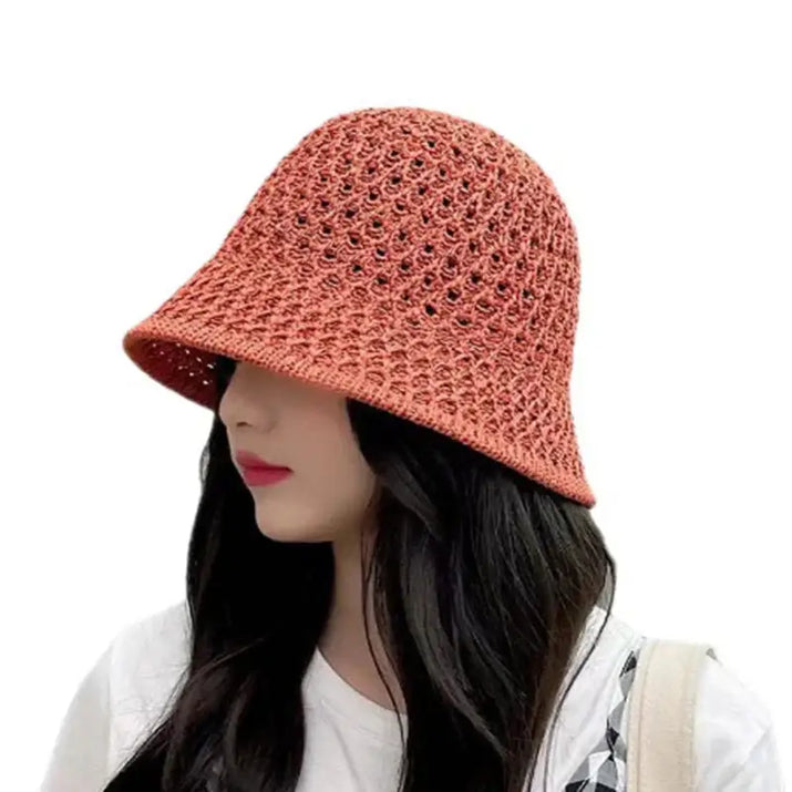 Open-weave terracotta bucket hat.