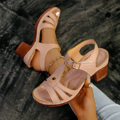 Pink leather heeled sandals.