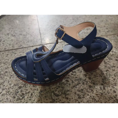 Blue leather sandal with a block heel.