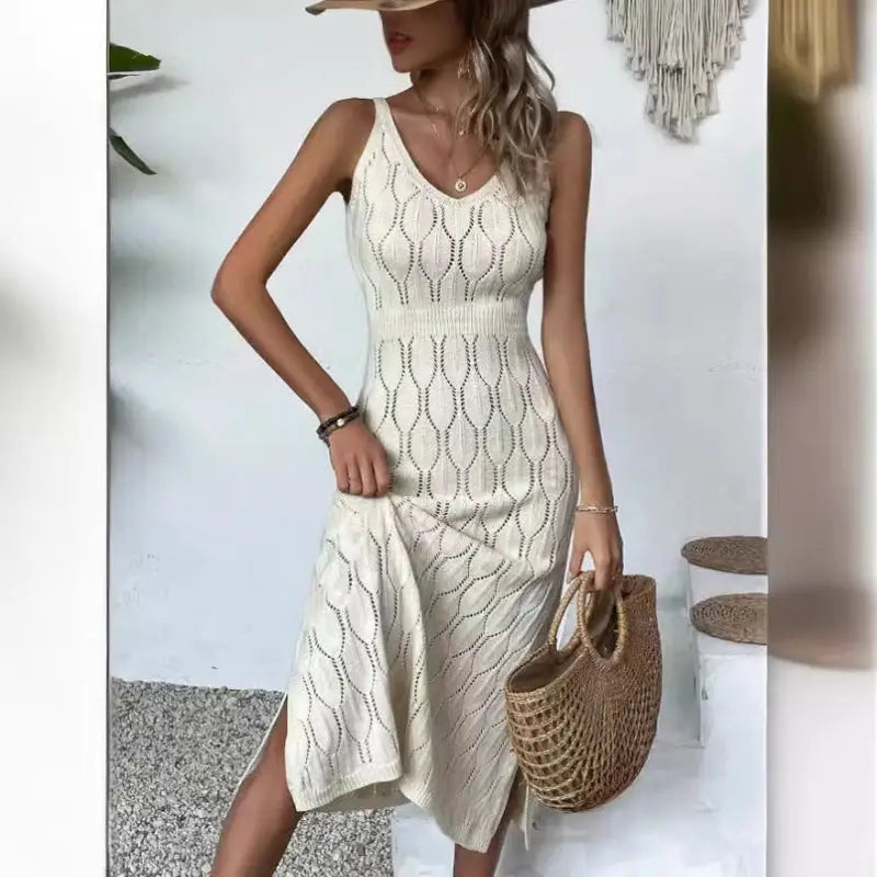 Cream-colored knit midi dress.