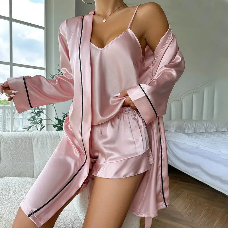 Pink satin pajama set.
