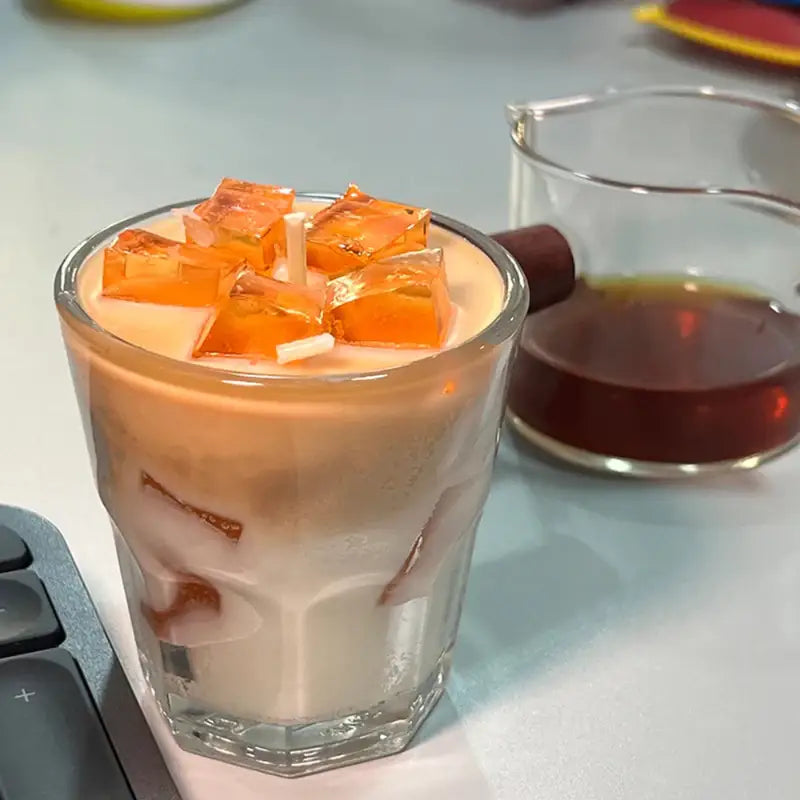 Iced coffee candle with jelly cubes.