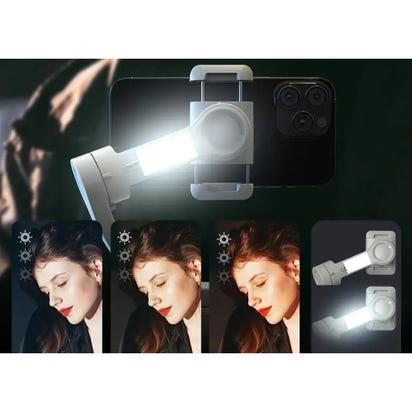 Smartphone with attached adjustable LED light.