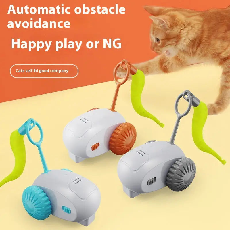 Automatic obstacle-avoiding cat toy with colorful wheels and a flexible tail.