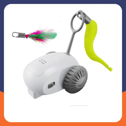 White robotic cat toy with attachments.