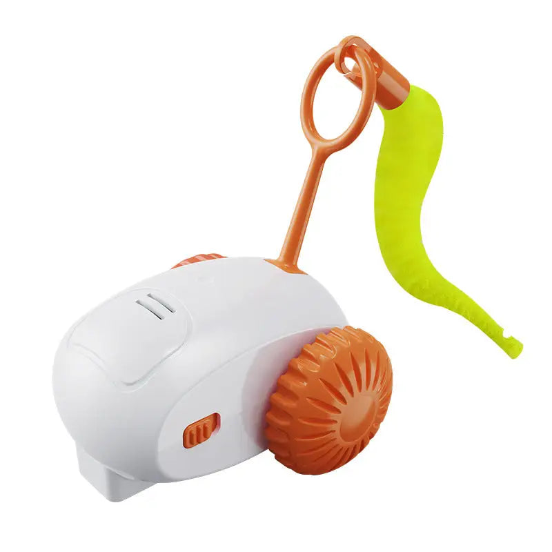 White and orange toy mouse with a green tail.