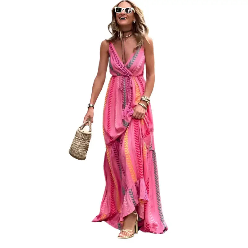 Pink patterned maxi dress.