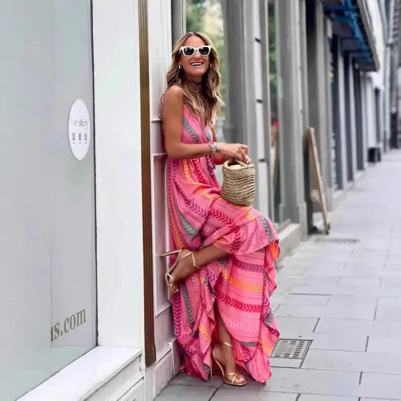 Pink patterned maxi dress.