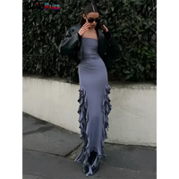 Strapless gray ruffled dress.